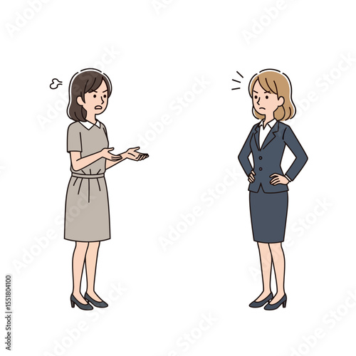 Two businesswomen in disagreement with angry expressions standing apart in a cartoon illustration