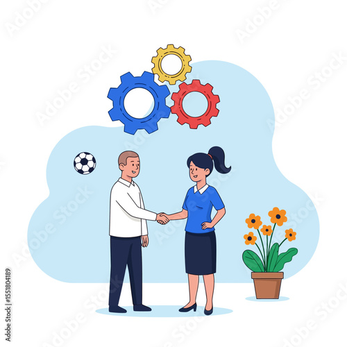 Cartoon of man and woman shaking hands with gears and a soccer ball in the background illustration