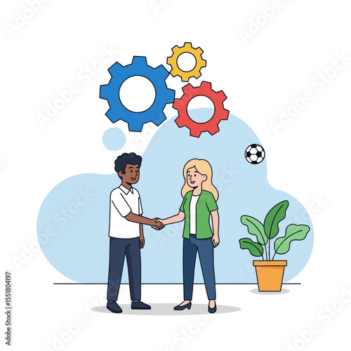 Illustration of two people shaking hands with gears and a soccer ball in the background