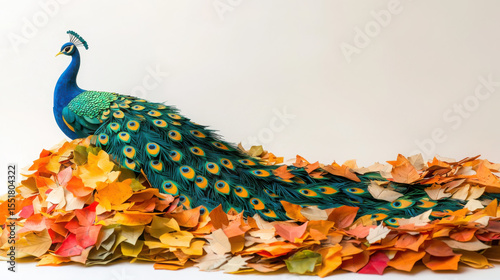 Vibrant Peacock Displaying Colorful Feathers Among Autumn Leaves