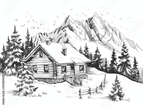 white background, Snow-covered cottage in the mountains - isolate on a snowy mountain background., drawings in pencil easy, very simple and isolate in the style of animated illustrations, white backgr