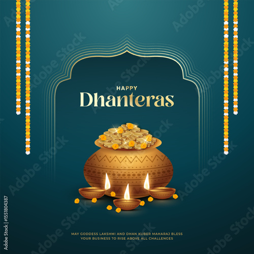 Happy Dhanteras - poster template design with gold coin in pot and decorative diya lamp. Vibrant Dhanteras festival design featuring gold coins.