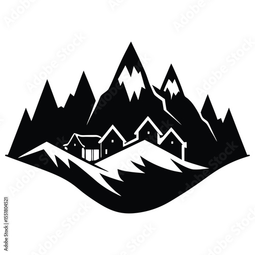Graphic illustration of houses nestled in mountain landscape silhouette