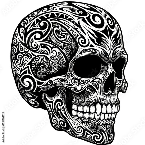 Ornate Tribal Skull Illustration in White and Black Vector Design