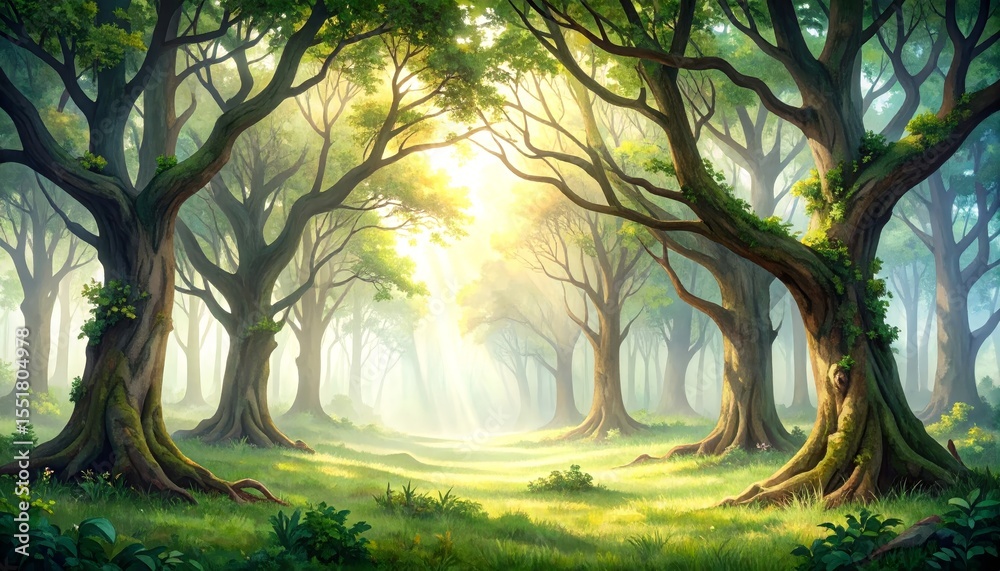 Naklejka premium Sundrenched forest, majestic trees bathed in golden light sunbeams