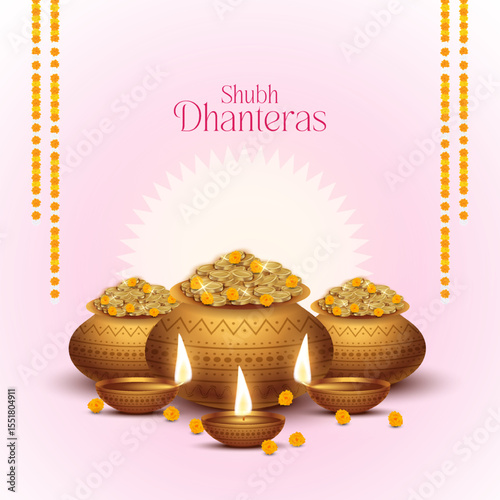 Happy Dhanteras - poster template design with gold coin in pot and decorative diya lamp. Vibrant Dhanteras festival design featuring gold coins.