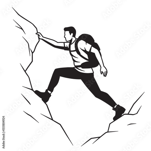 Adventurous hiker climbing a rock face depicted in bold black and white graphic style