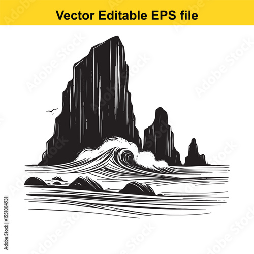 Monochromatic Vector Illustration of Rugged Coastline Landscape with Majestic Rocks and Turbulent Ocean Waves in Dramatic Black and White