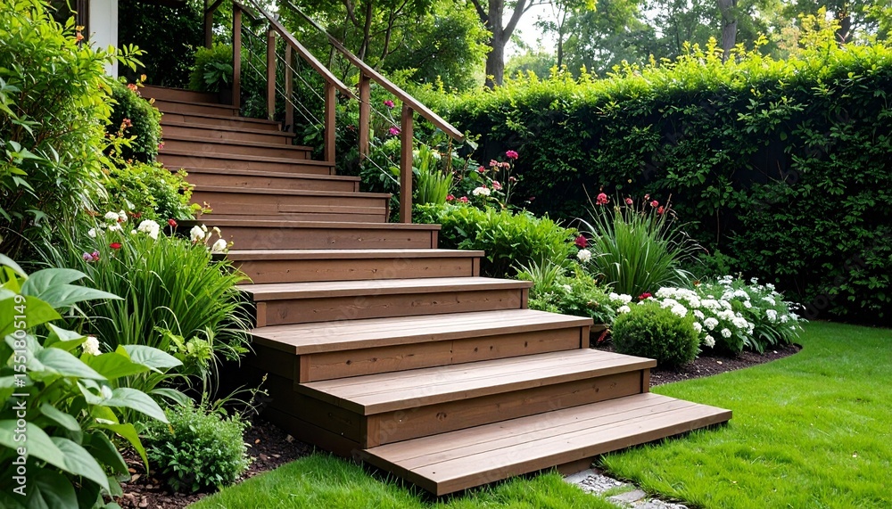 Serene Wooden Steps Leading to Lush Garden Landscape. Serene Wooden Steps Leading to Lush Garden Landscape.
