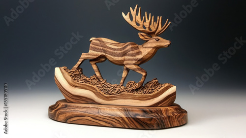 Artistic Wooden Sculpture of a Running Deer with Intricate Detailing