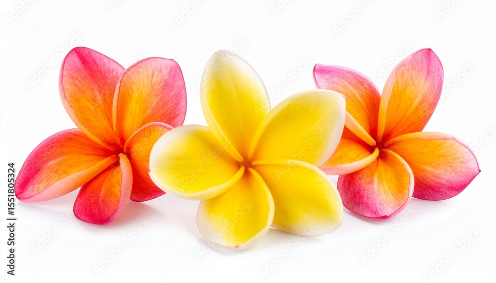 Naklejka premium Vibrant Plumeria Flowers Isolated on White Background Perfect for Wellness Branding.