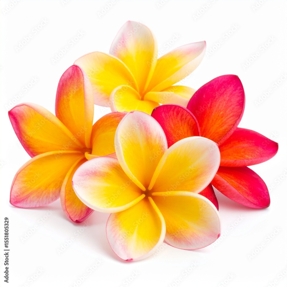 Naklejka premium Vibrant Plumeria Flowers Isolated on White Background.