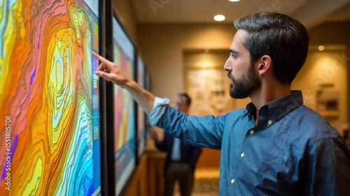 Man pointing colorful digital map screen office with colleague using advanced technology analysis