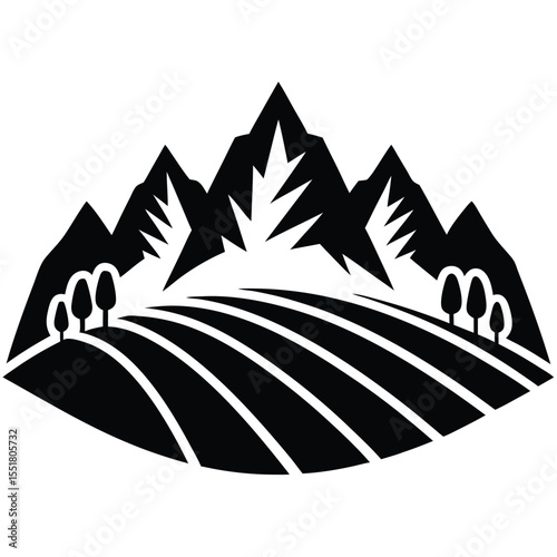 Black and white graphic of mountains trees and field design silhouette