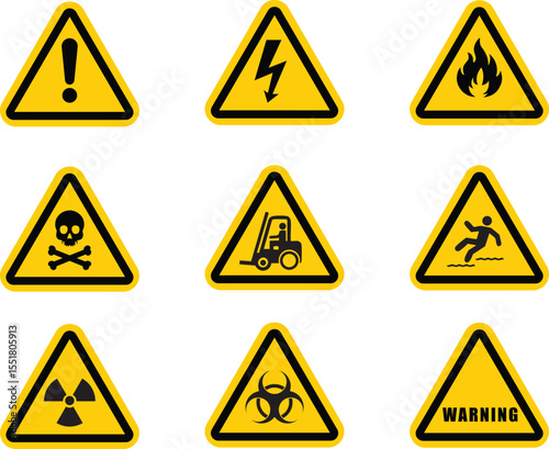 collection of yellow industrial safety warning signs for hazardous environments and workplace caution including fire, biohazard, electric shock, slippery surface, radiation and forklift danger symbols
