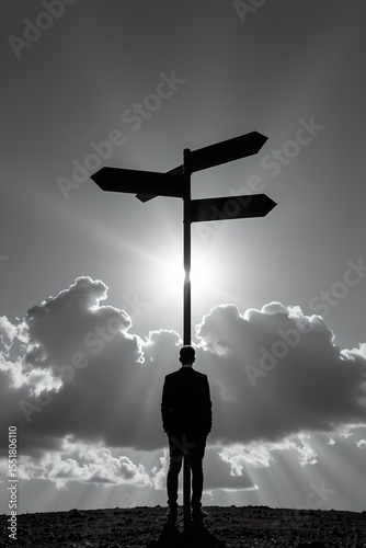 realistic photography silhouette of entrepreneur standing at crossroads with business strategy signs pointing in different directions symbolic visual