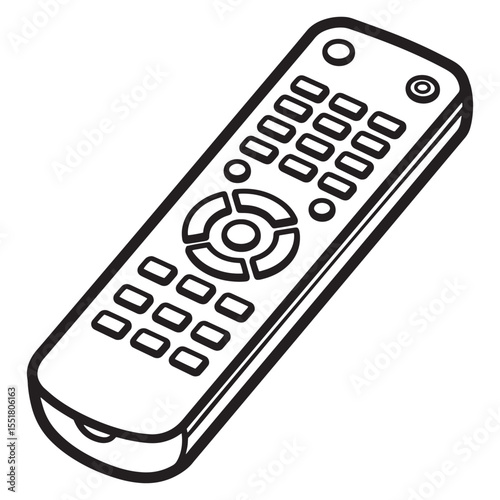 Black and white outline drawing of a modern tv remote control on a white background