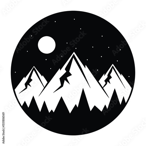 Three mountains under a moonlit starry sky in a black circle silhouette