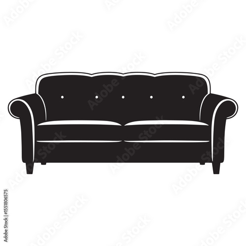 Elegant black and white illustration of a classic three seat sofa isolated on white background