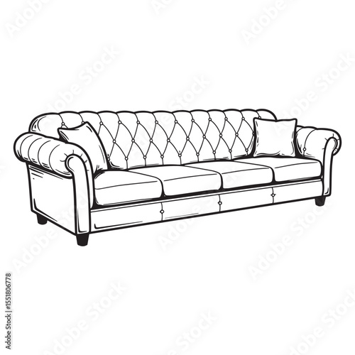 Elegant hand drawn illustration of a classic chesterfield sofa with decorative pillows