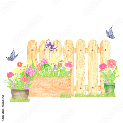 Hand drawn watercolor wildflowers in a pots with butterflies and wooden fence composition isolated on white background. Can be used for postcard, label, scrapbook and other printed products.