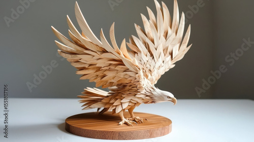Intricate Wooden Eagle Sculpture Displayed on Round Wooden Base