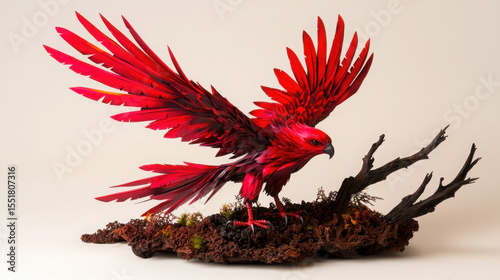 Majestic Red Flame Bird Spreading Wings in Artistic Display