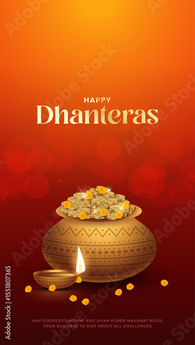 Happy Dhanteras - poster template design with gold coin in pot and decorative diya lamp. Vibrant Dhanteras festival design featuring gold coins.