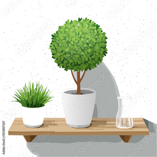 Indoor plants with laboratory water container on wooden shelf