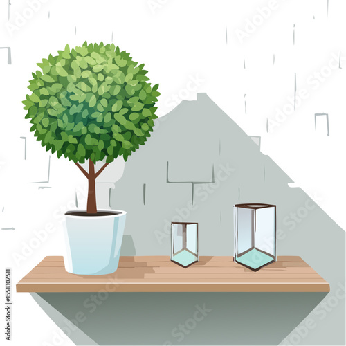 Indoor Topiary and Decorative Lanterns on Wooden Shelf