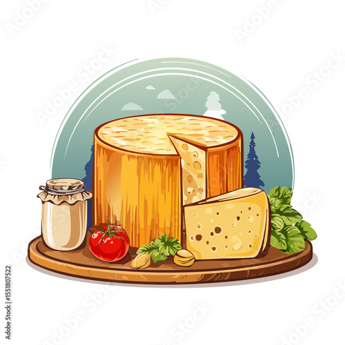 Cheese wheel with tomato and basil on a wooden board