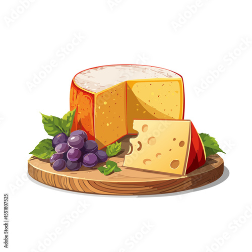 Cheese and Grapes on Wooden Board Still Life Illustration