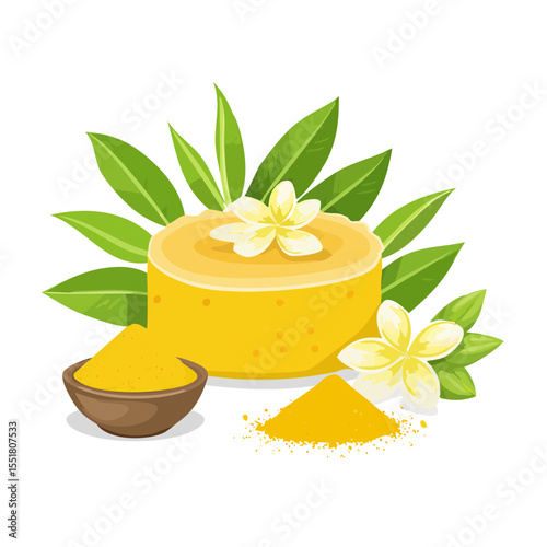 Turmeric powder with flowers and leaves illustration, traditional spice ingredient.