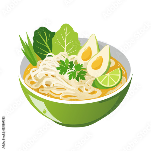 Illustration of a bowl of noodles with eggs and lime, perfect for Asian food enthusiasts.