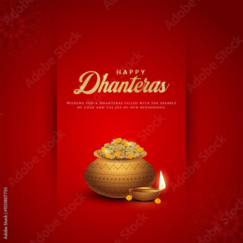 Happy Dhanteras - poster template design with gold coin in pot and decorative diya lamp. Vibrant Dhanteras festival design featuring gold coins.