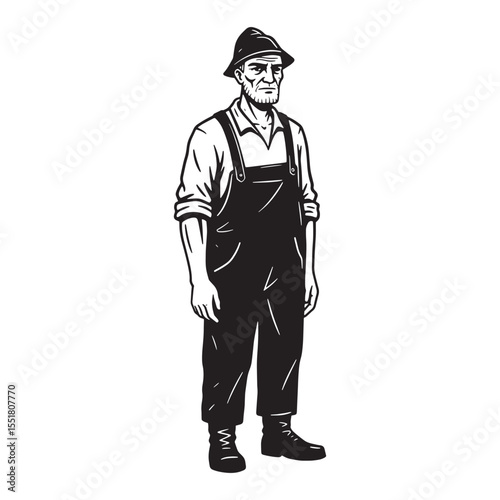 Illustration of an elderly man standing in overalls and a hat in a monochromatic style