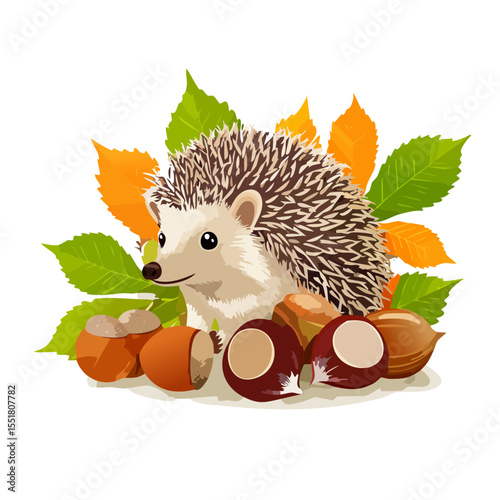 Cute Hedgehog with Autumnal Leaves and Chestnuts Illustration