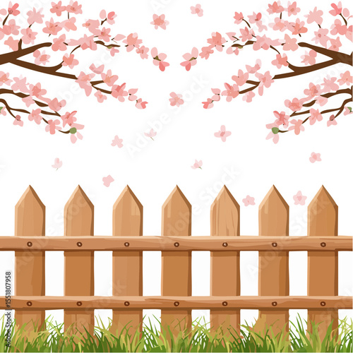 Springtime scene with cherry blossoms and a wooden fence in vector format.
