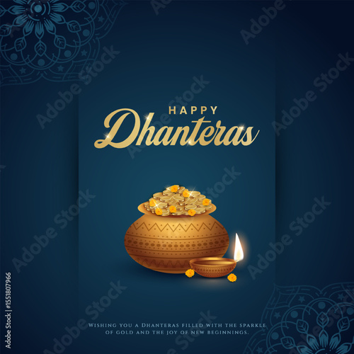 Happy Dhanteras - poster template design with gold coin in pot and decorative diya lamp. Vibrant Dhanteras festival design featuring gold coins.