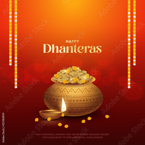 Happy Dhanteras - poster template design with gold coin in pot and decorative diya lamp. Vibrant Dhanteras festival design featuring gold coins.