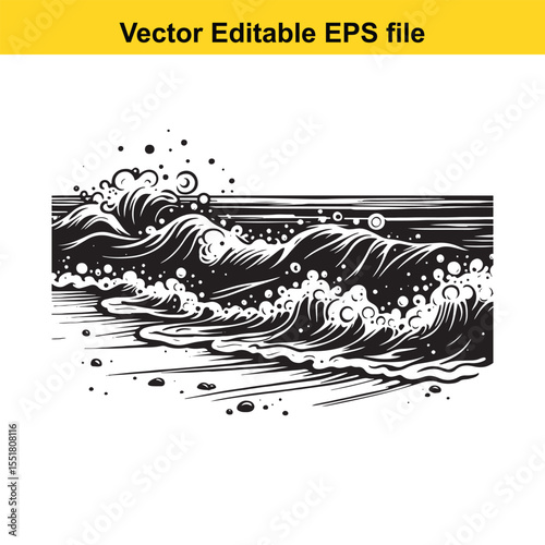 Monochromatic Ocean Waves Crashing on Shoreline Illustration with Foam, Splashes, and Distant Horizon Line in High Contrast Vector Style