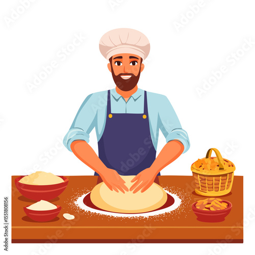 Baker kneading dough on a table, preparing food, vector illustration