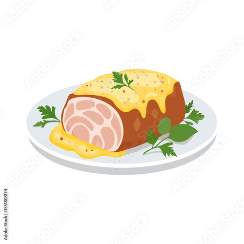 Vector illustration of a ham roll with cheese sauce and parsley garnish served on a plate.