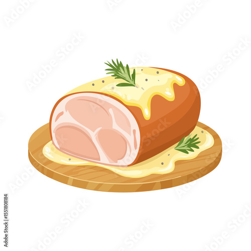 Delicious ham hock illustration with sauce and rosemary on a wooden board.