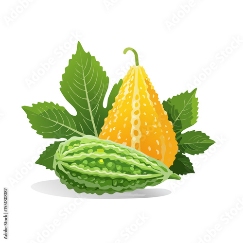 Illustration of Bitter Melon (Momordica charantia) and Pear-shaped Gourds with Leaves