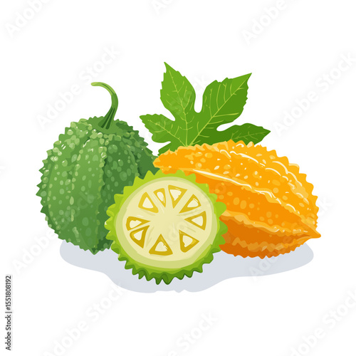 Illustration of Bitter Melon (Karela) - Green, Orange, and Slice
