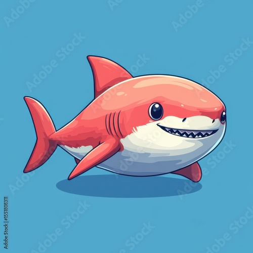 Cartoon shark character swims through blue water background in a playful and colorful underwater setting