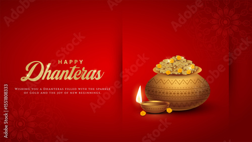 Happy Dhanteras - poster template design with gold coin in pot and decorative diya lamp. Vibrant Dhanteras festival design featuring gold coins.