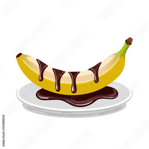 Banana with Chocolate Sauce on a Plate - Delicious Dessert Illustration