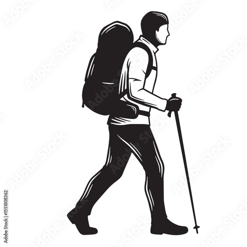 Silhouette illustration of a hiker walking with backpack and trekking pole for outdoor adventure